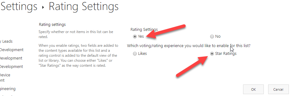 Screenshot of the Rating Settings in SharePoint